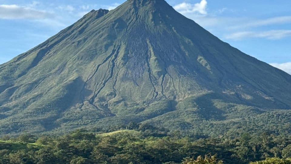 El Volcán Arenal visto desde un potrero de La Fortuna, con ganado pastando